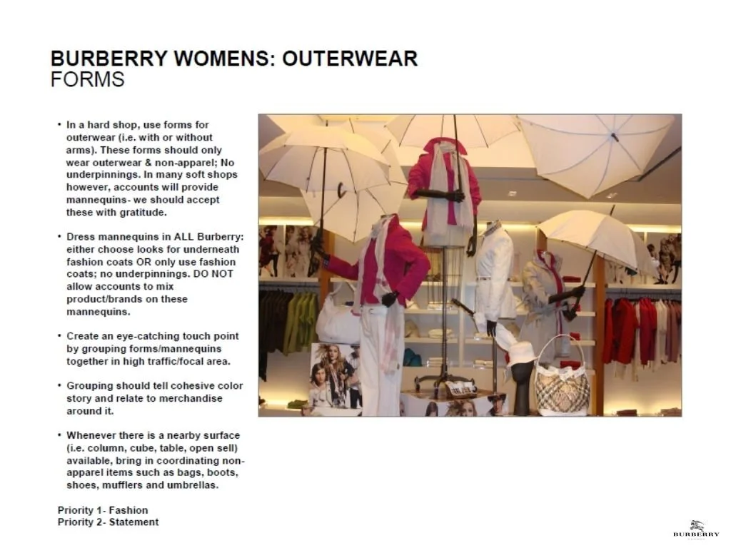 Wholesale visual merchandising standards for Burberry, defining approved forms, styling rules, and presentation hierarchy to preserve brand integrity and authority across all doors.