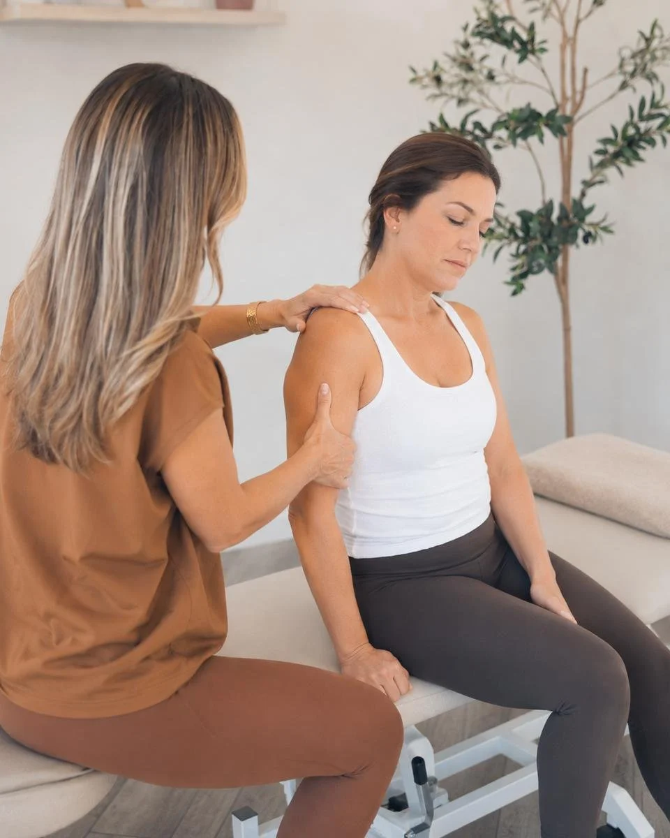 Dr. Lisel performing a seated shoulder adjustment on a patient in a white tank top — frozen shoulder chiropractic care in Solana Beach