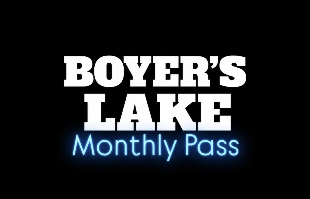 Logo for Boyer's Lake Monthly Pass in bold white and blue text on a black background.
