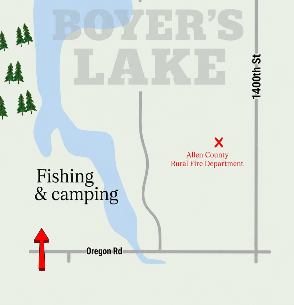 Map of Boyer's Lake area showing a body of water, surrounding trees, roads, and the Allen County Rural Fire Department marked with a red cross.