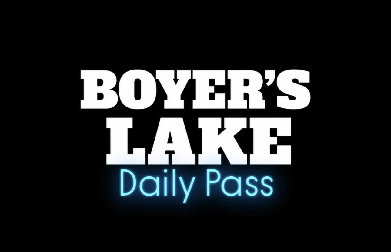 Black background with white bold text reading 'BOYER'S LAKE' and blue neon text underneath saying 'Daily Pass'.