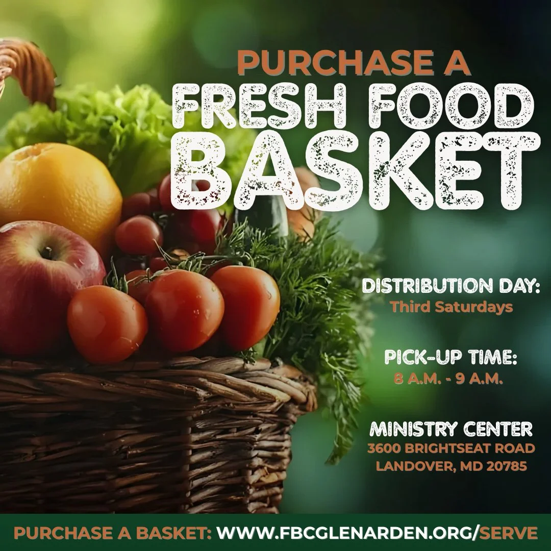 Flyer for purchasing fresh food baskets featuring a basket of apples, tomatoes, lettuce, lemon, and herbs on a green blurred background, with event details including distribution day, pick-up time, and location.