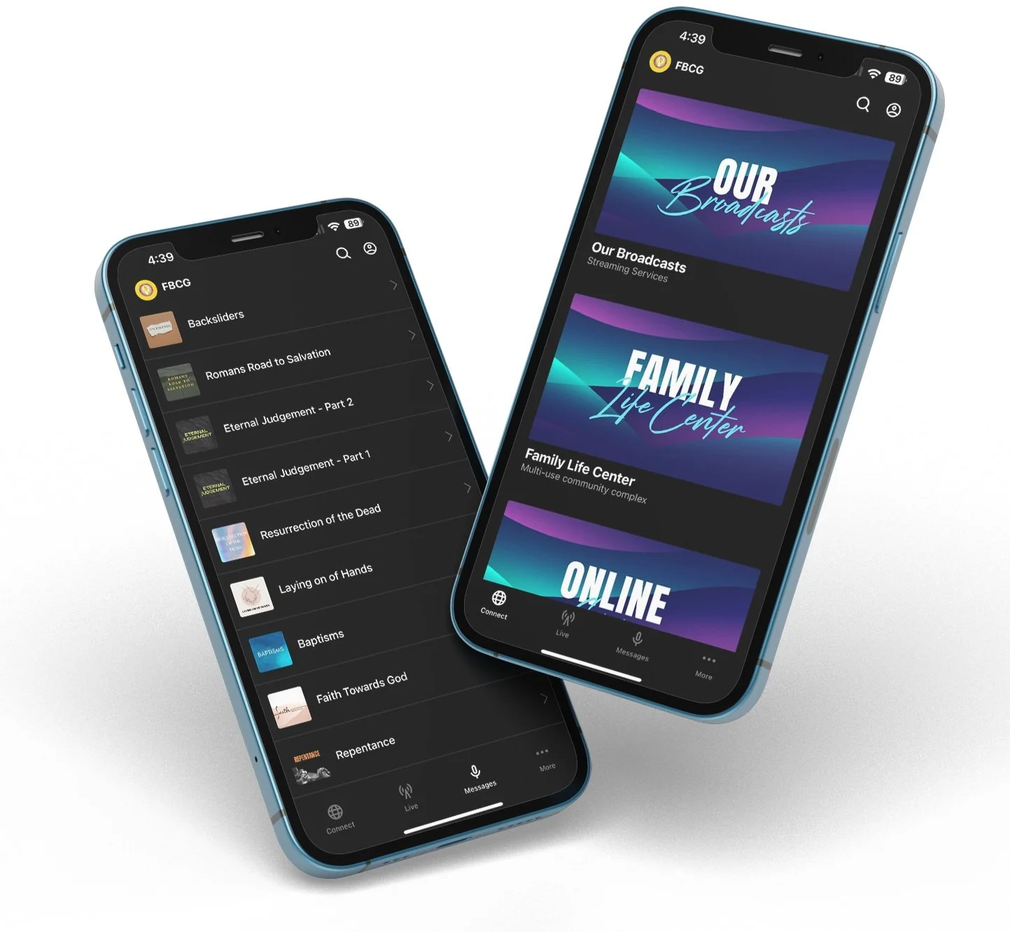 Two smartphones displaying a church app with streaming service options and a list of sermons or classes.