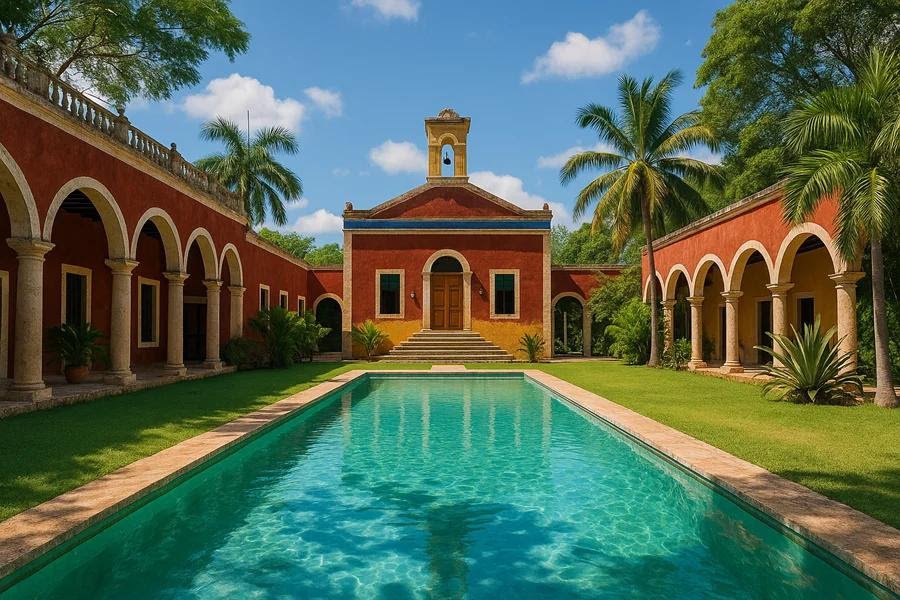 Mexican or Yucatecan hacienda with central courtyard, historic facade, and restored interior