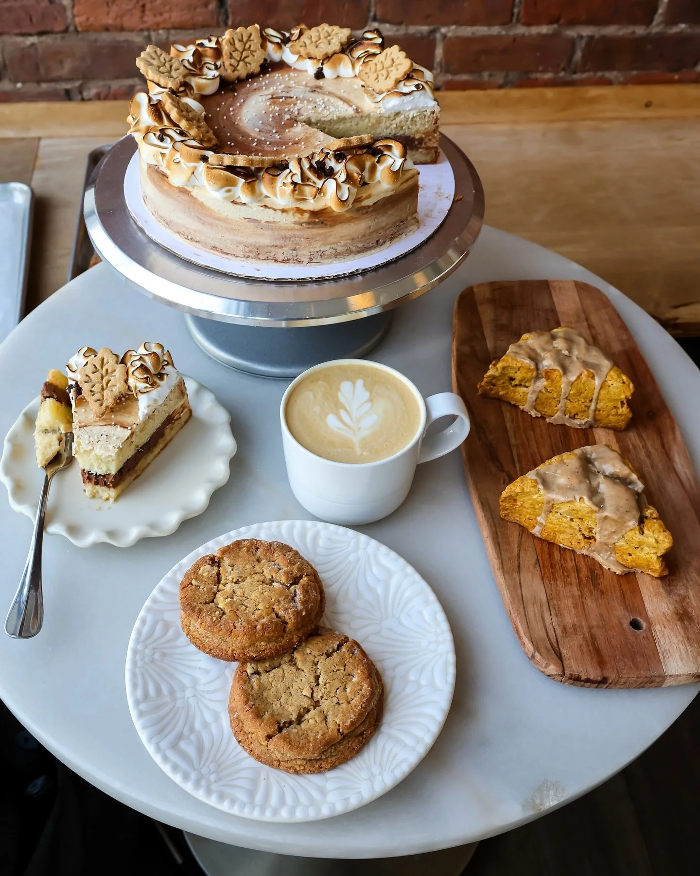October lineup looking prettier than ever. ✨ Clockwise from the right: Pumpkin Chai Scones, Vegan PB Cookies, Bonfire Cake, and a Pumpkin Spice Latte to round it all out. Don&rsquo;t miss these! #thegoodbatch