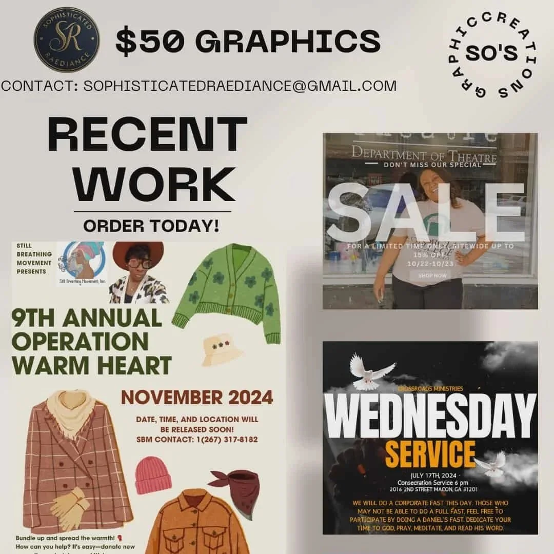 Flyer advertising graphic design services for $50, featuring recent work including illustrations of winter clothing and accessories, with contact email sophisticateddreadiance@gmail.com. The flyer promotes the 9th Annual Operation Warm Heart event in November 2024 and a Wednesday service on July 17th, 2024, at Crossroads Ministries, including details of the events and encouragement for fasting and prayer.