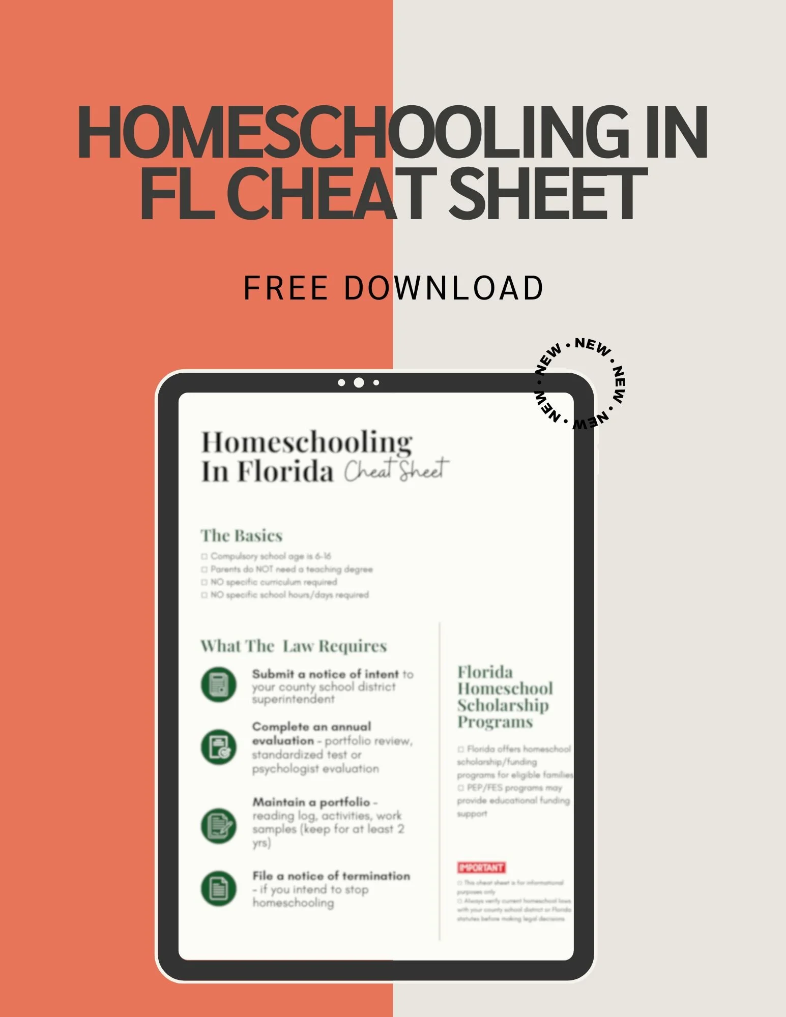 Image of a homeschool cheat sheet for Florida, available for free download, with sections on legal requirements, documentation, and application processes, designed to assist homeschooling parents.
