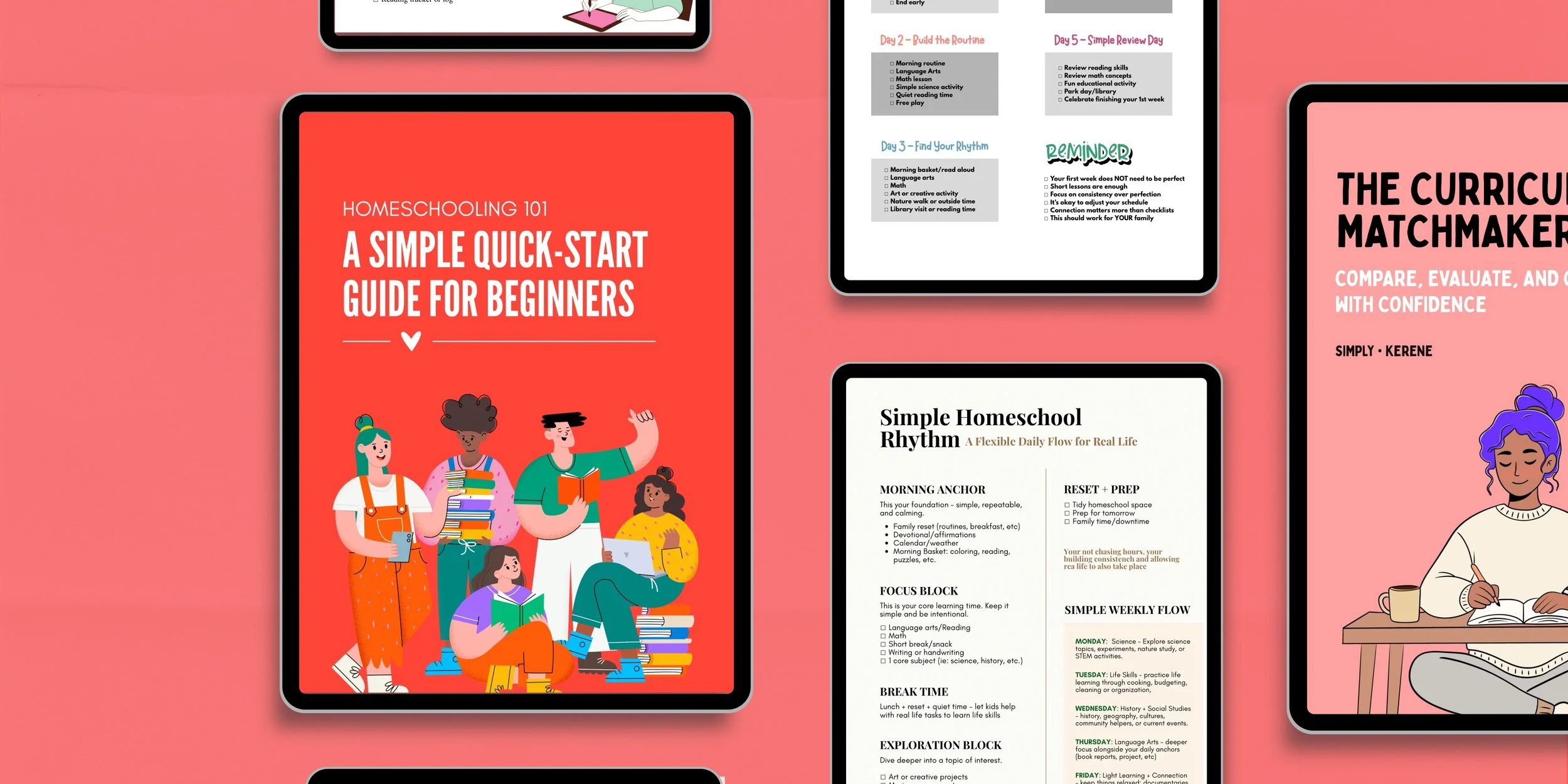 Various digital tablets and printed homeschooling guides on a pink background, including titles like 'A Simple Quick-Start Guide for Beginners' and 'The Curriculum Matchmaker' with illustrations of children and a woman studying.