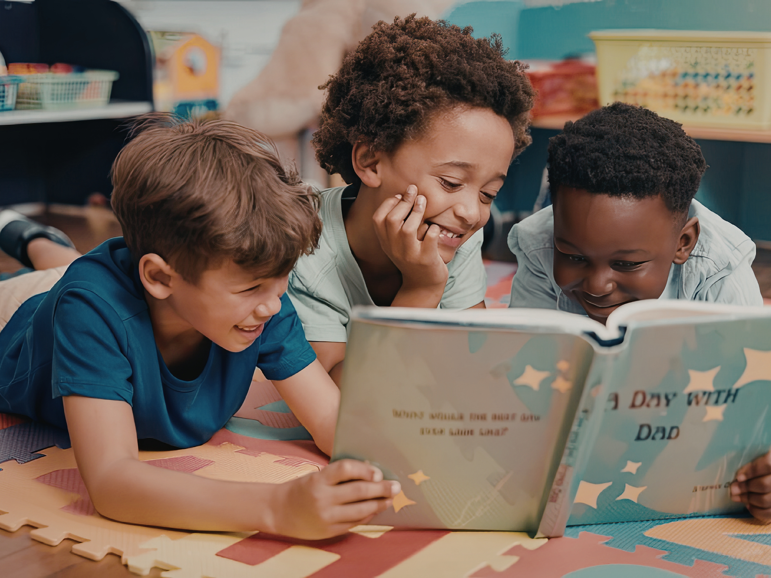 three young boys on the floor reading a book together
