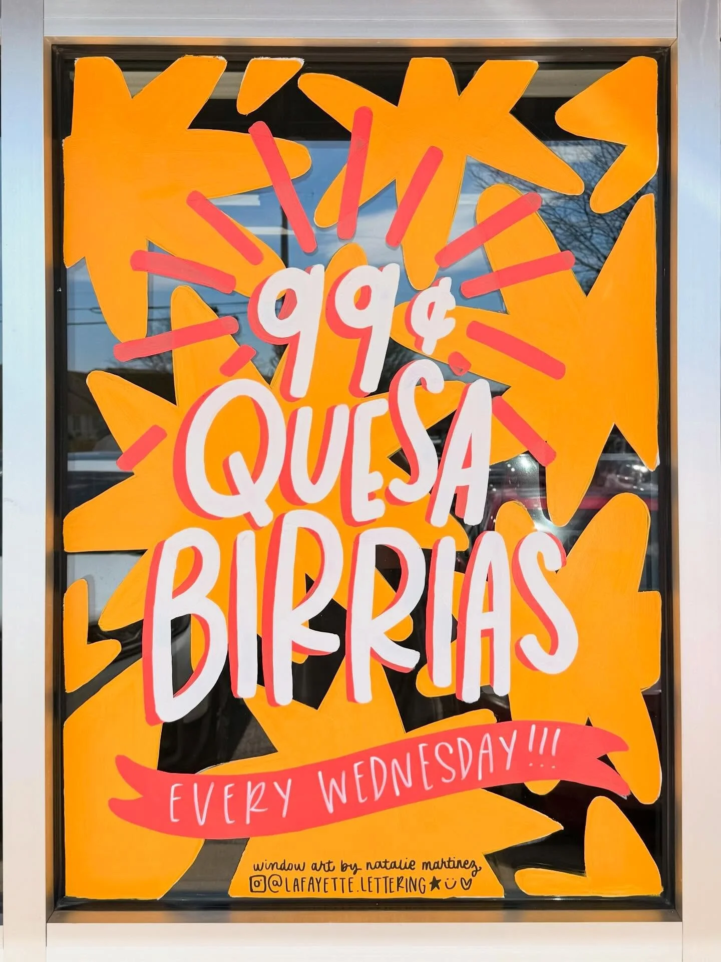 The latest window painting at @lafiestaburrito 🎨✨🫶🏻

I love how bold and vibrant this one is!! The perfect way to send a message and leave an impression. 

Thanks for having me!! 🫶🏻

#windowpainting #windowart #lafayetteindiana #lafayetteartist 