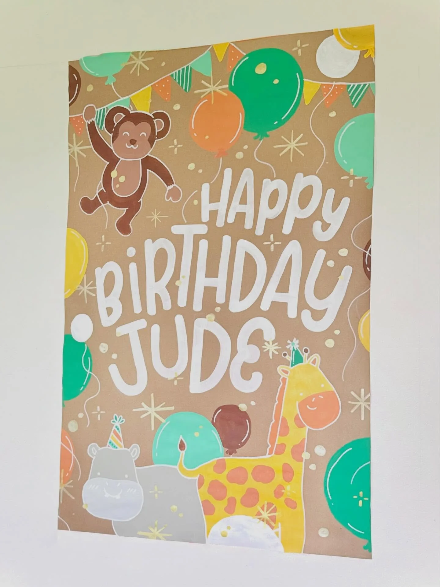 Everyone loves animals with birthday hats!!! 🥳🐒🦒🦛🎉

Also, more vertical banners please!! I love this layout. 

#handpaintedbanner #partybanner #junglebanner #handlettering #fyp