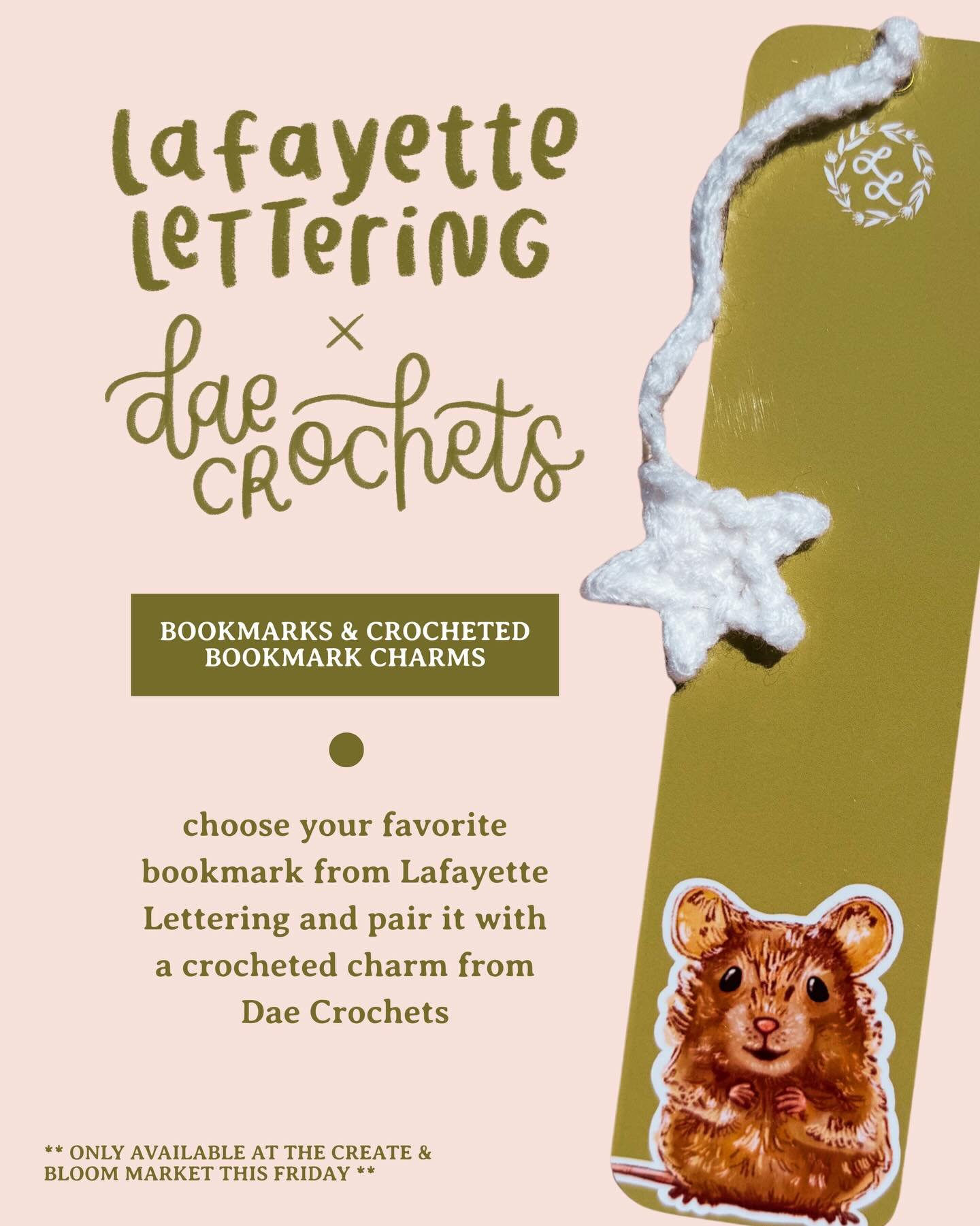 The collab literally no one asked for but we are giving you anyways: LAFAYETTE LETTERING X DAE CROCHETS 

Love fiber arts? 🧶 
Reading? 📖
Collecting bookmarks? 🔖
Supporting local artists? 🎨
Giving custom, thoughtful gifts? 🎁

This is for you.

At