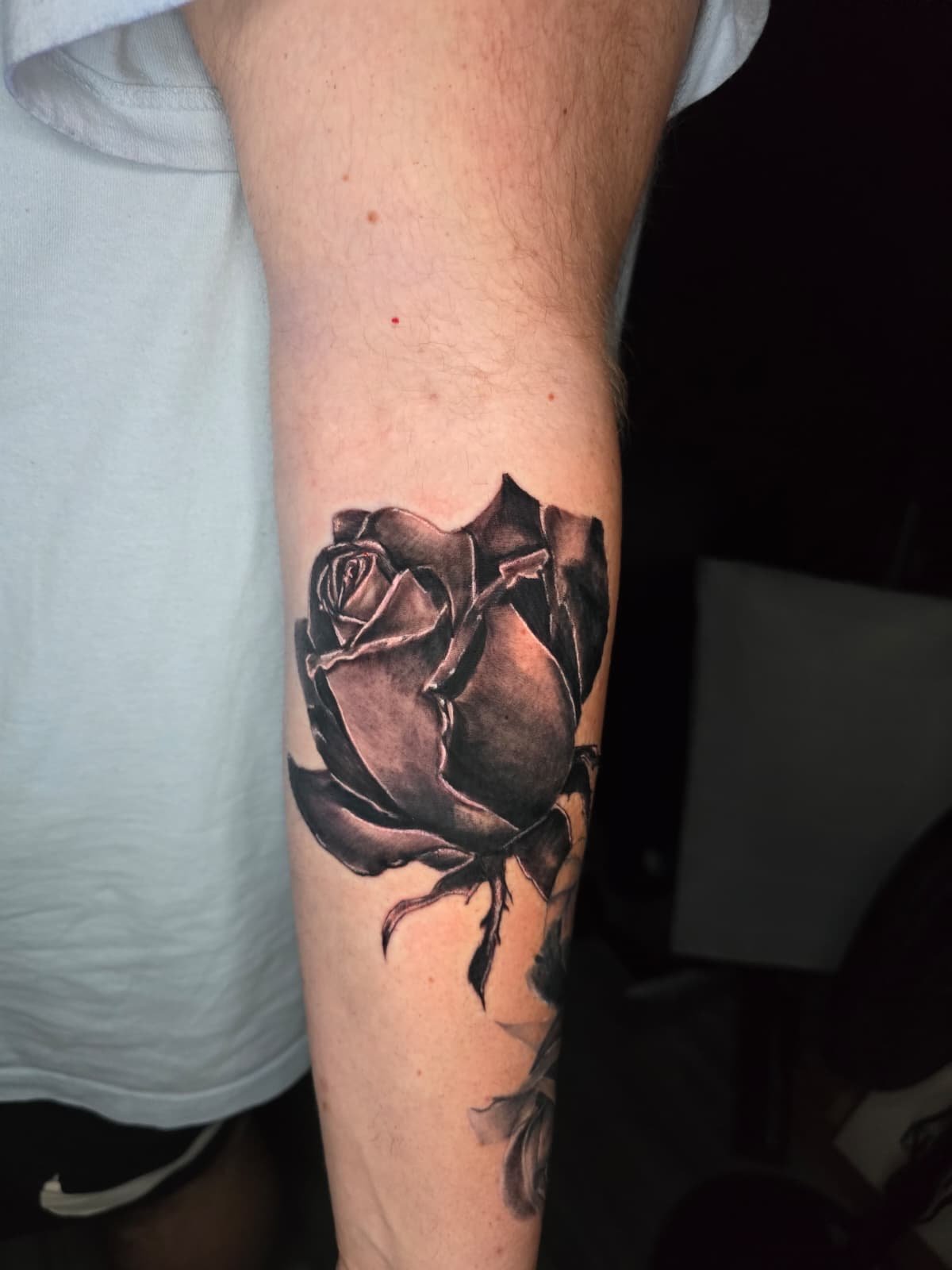 A black and grey tattoo of a rose on a person's upper arm.