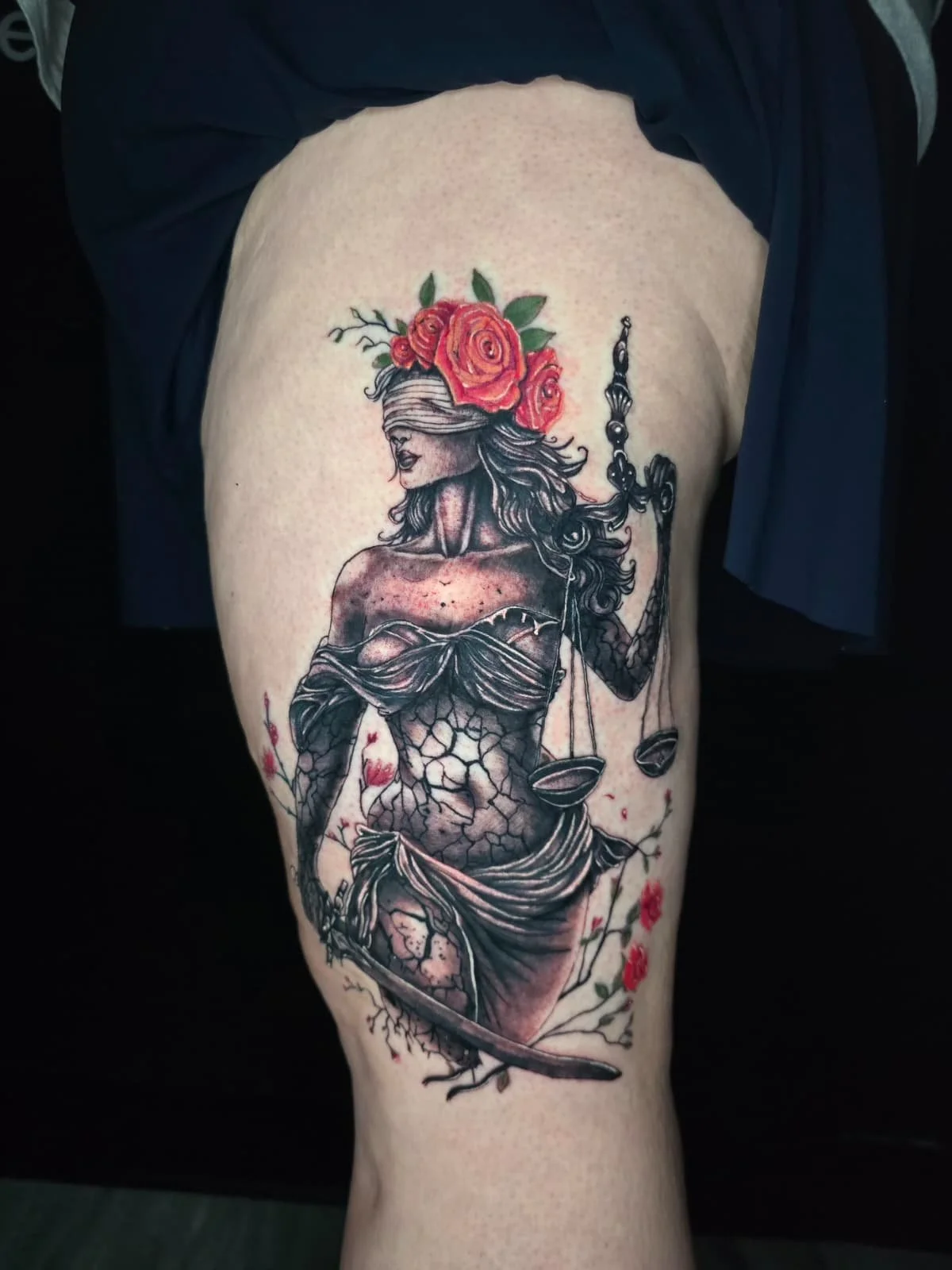 Tattoo of Lady Justice with a blindfold, holding scales and a sword, surrounded by red roses.