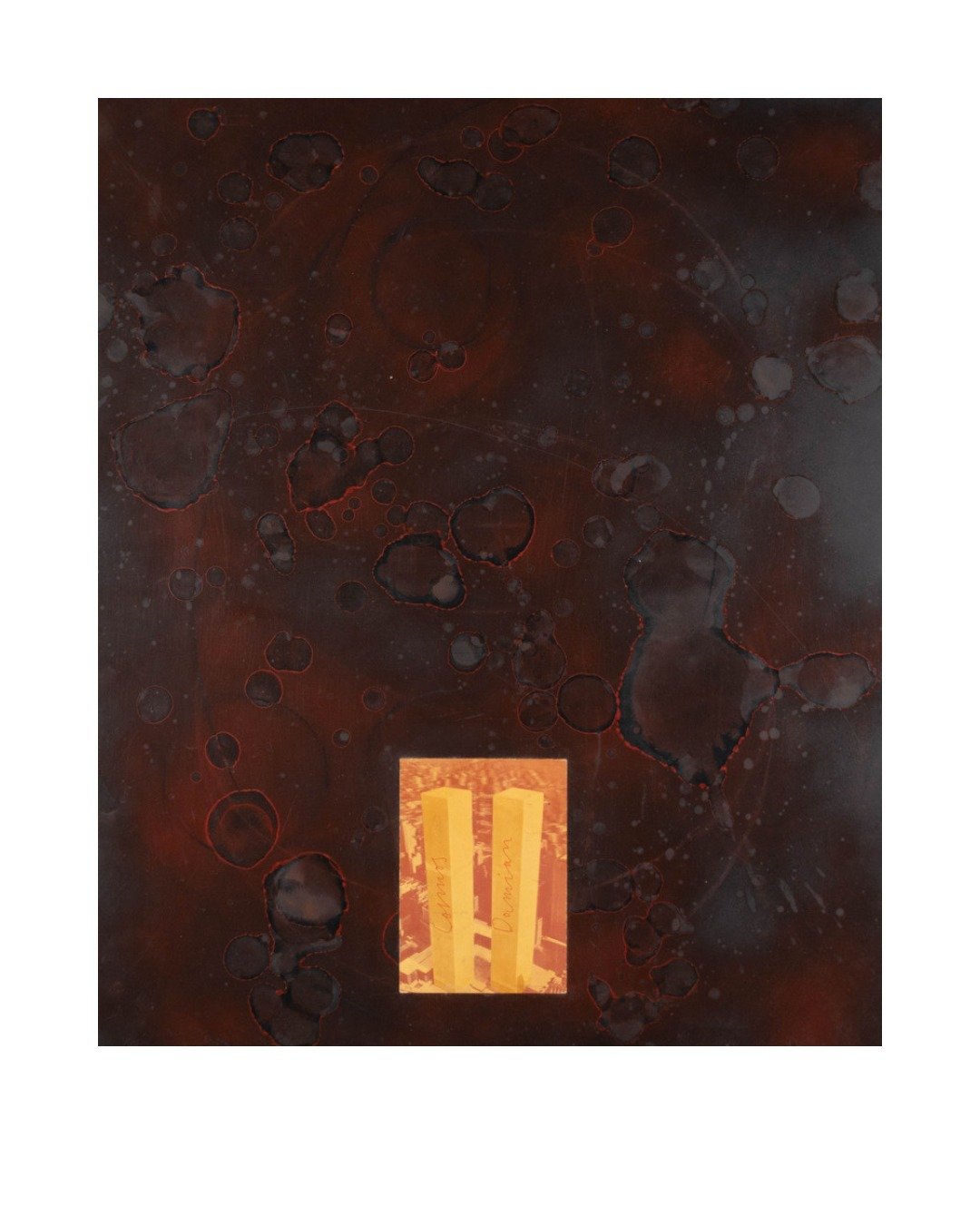 This untitled piece depicts the Twin Towers against a blood-red background, blood stains one might conjecture. The towers bear the names of the twin saints Cosmas and Damian. The brothers were born in 3rd Century Arabia, embraced Christianity, and be