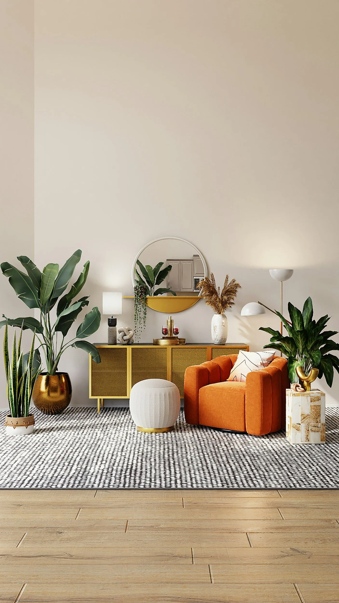 A stylish living room corner with a mustard yellow sideboard, a round mirror, an orange armchair, patterned black-and-white rug, and large green indoor plants in gold and marble planters.