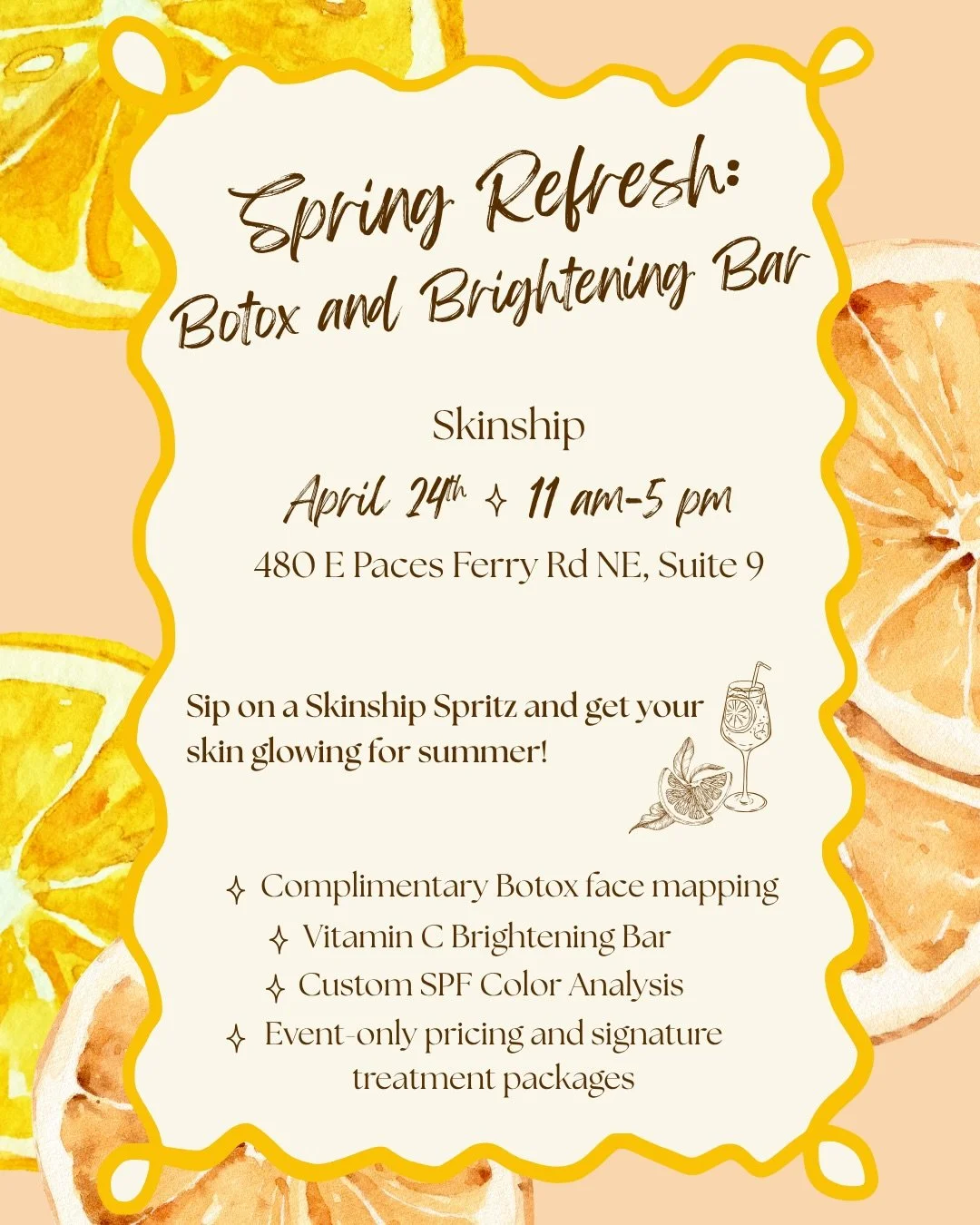 Botox deals, skin brightening, and a spritz while you shop? The perfect Friday afternoon at Skinship 🍋🌷

Join us for a Spring Refresh: Botox + Brightening Bar on April 24 from 11 AM&ndash;5 PM! We&rsquo;ll be doing complimentary Botox face mapping 