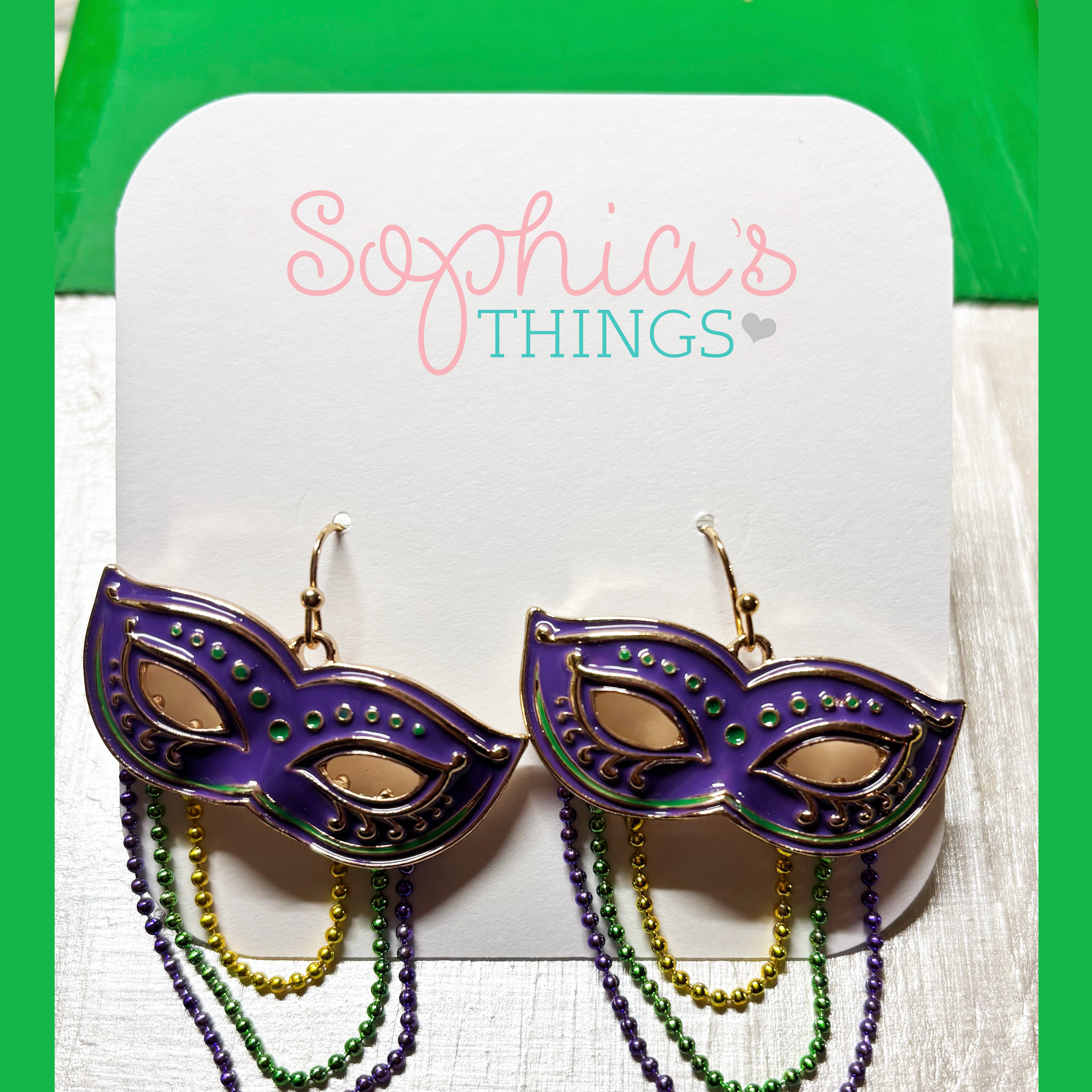 Enamel Mardi Gras Mask Earrings – Festive Carnival Jewelry in Purple, Green & Gold
