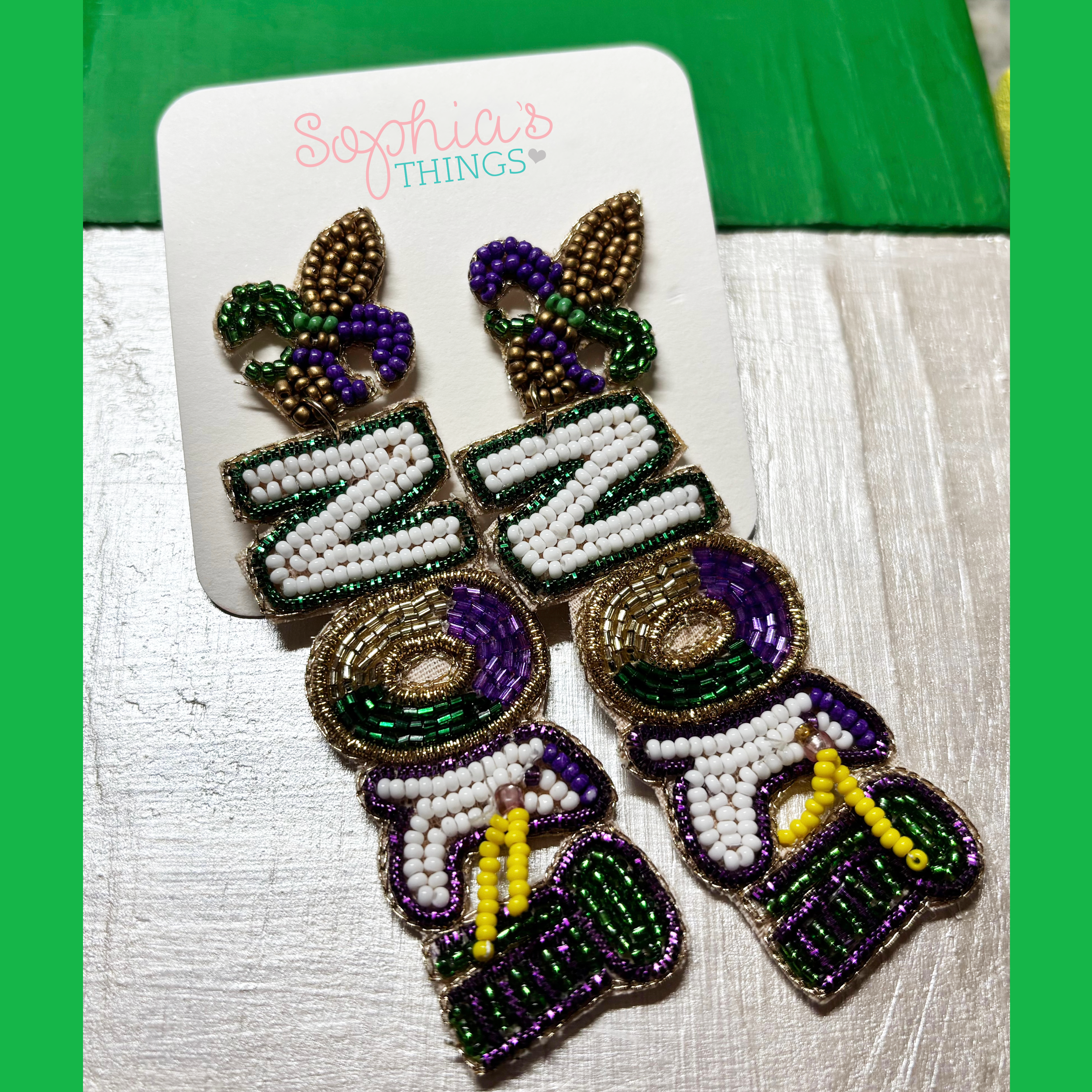 Beaded Mardi Gras NOLA Earrings – Festive Purple, Green & Gold Carnival Jewelry