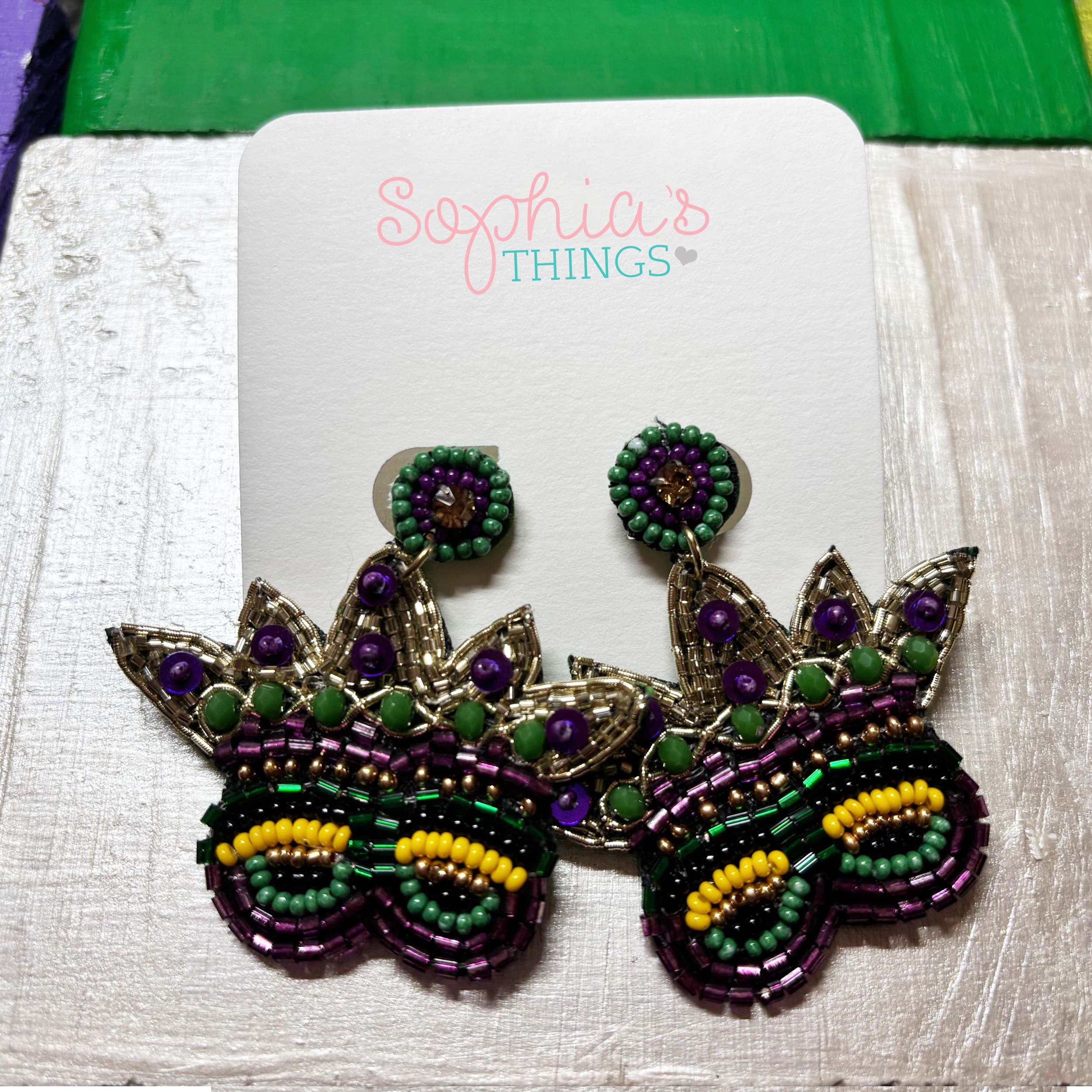 Beaded Mardi Gras Mask Earrings – Festive Purple, Green & Gold Carnival Jewelry