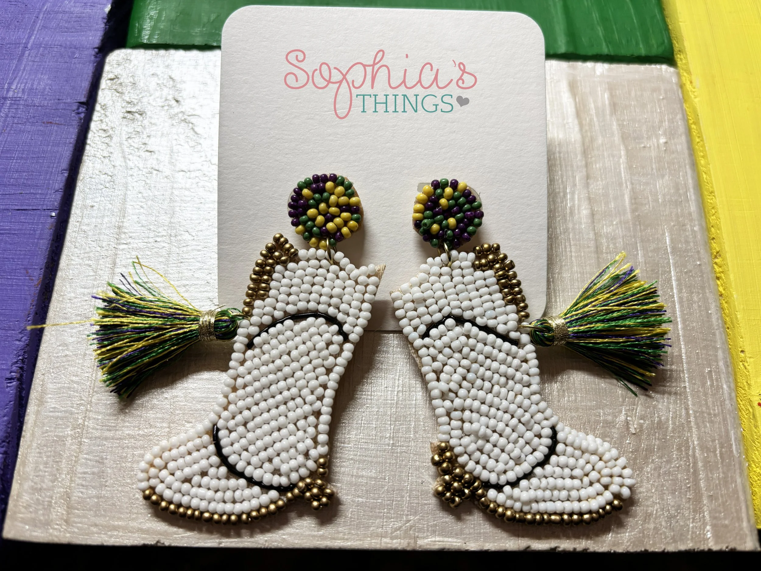 Beaded Mardi Gras Bootie Earrings – Festive Purple, Green & Gold Dangle Jewelry
