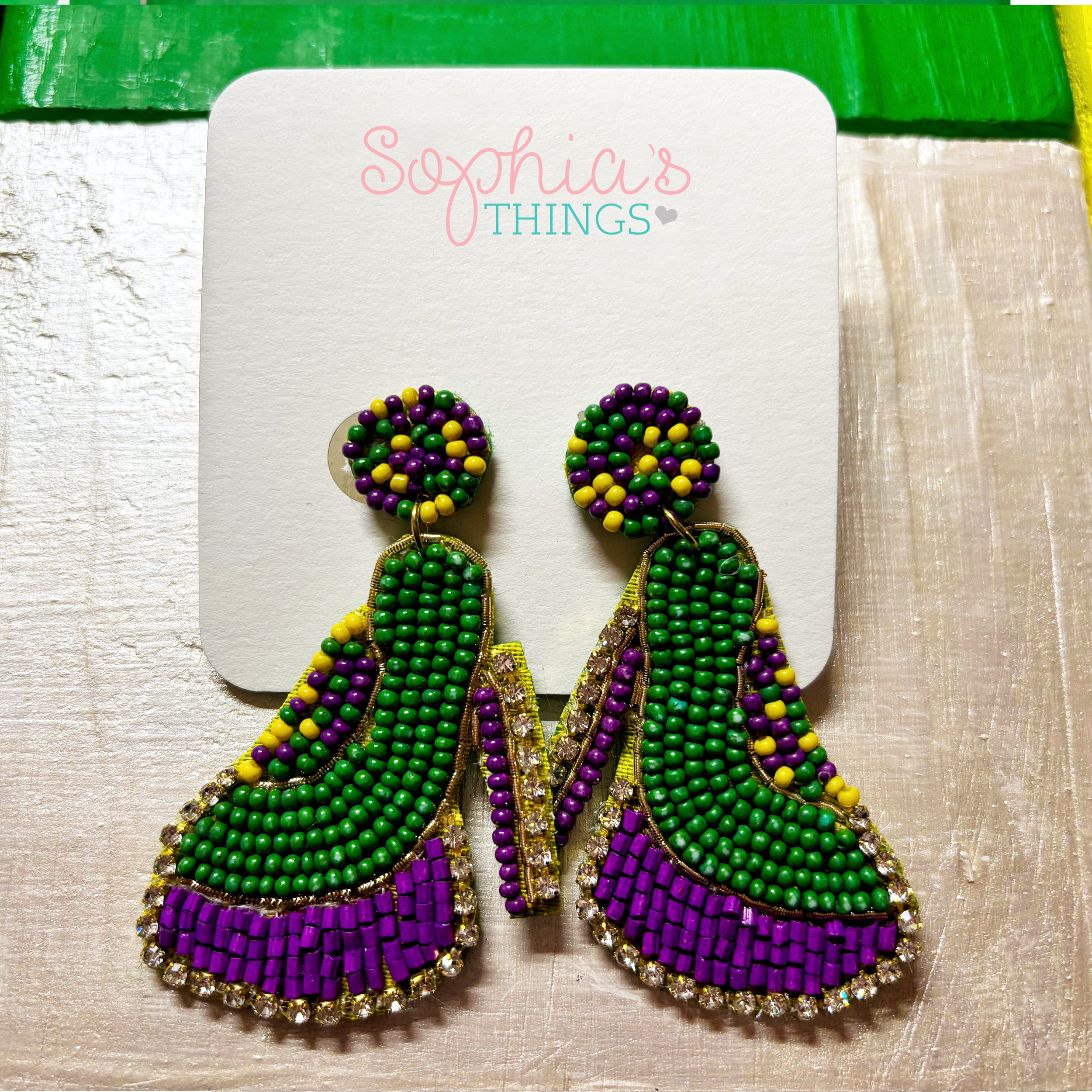 Beaded Mardi Gras High Heel Earrings – Festive Purple, Green & Gold Dangle Jewelry