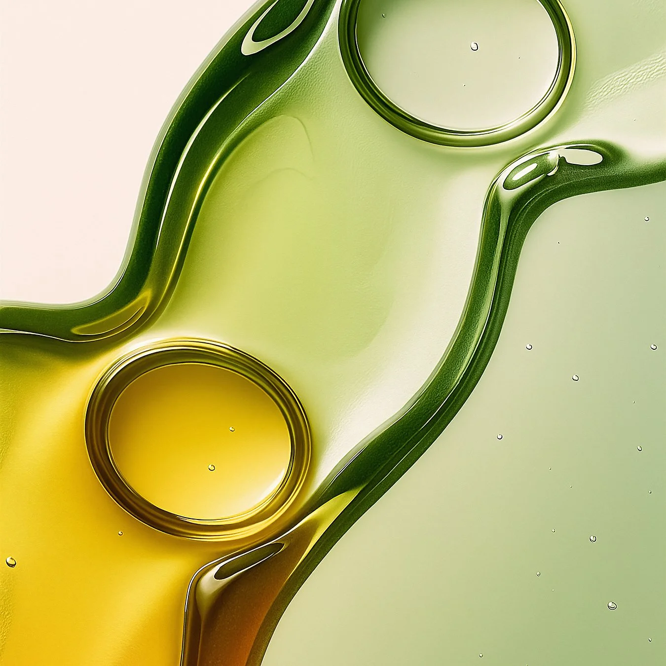 Close-up of olive oil or another viscous liquid in clear containers with green and yellow hues.