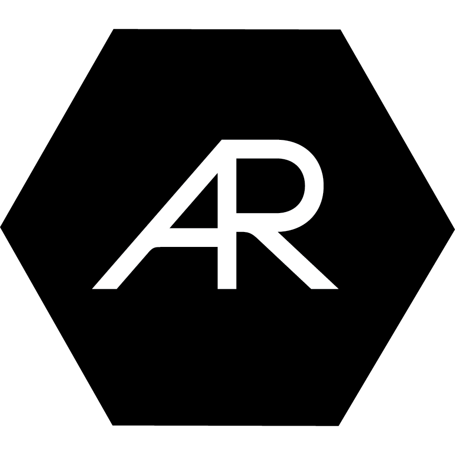 Black background with a white stylized logo combining the letters A and R.