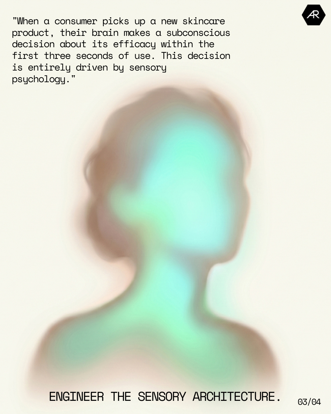 Ethereal thermal heatmap silhouette of a human head illustrating sensory architecture in cosmetics.
