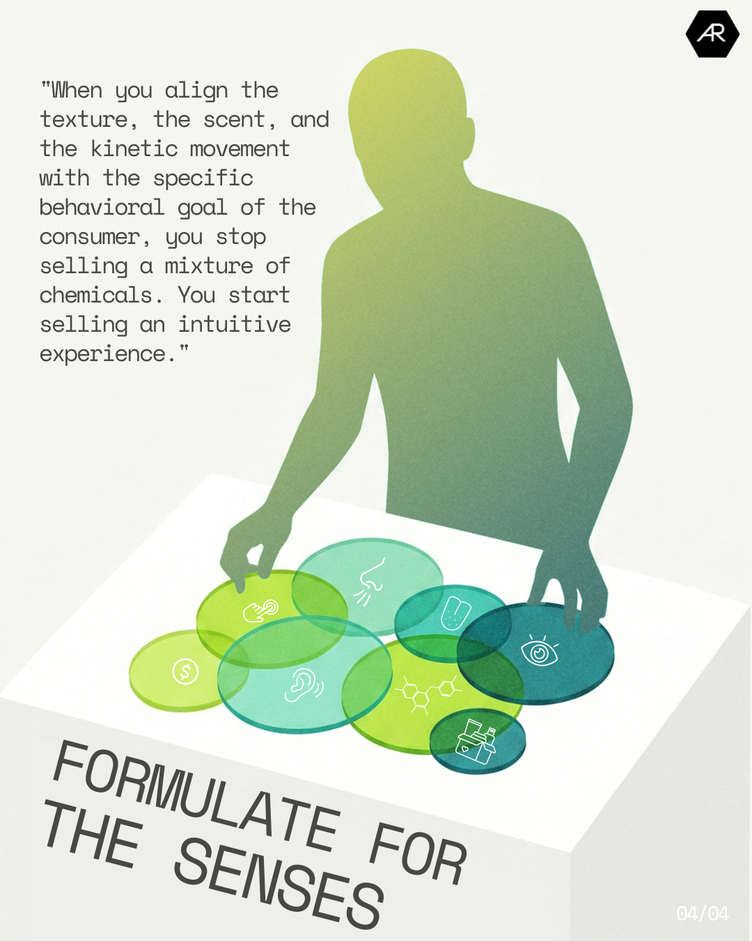 Silhouette of a cosmetic formulator interacting with overlapping colored discs representing the human senses.