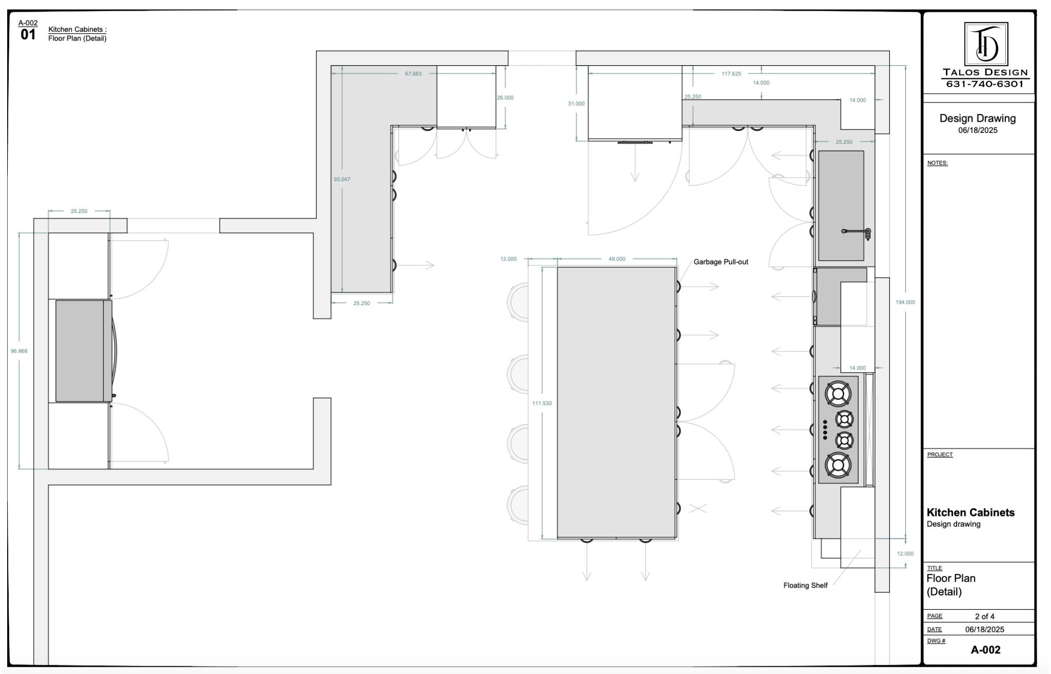 Detailed kitchen cabinet floor plan with measurements, layout, and design notes.