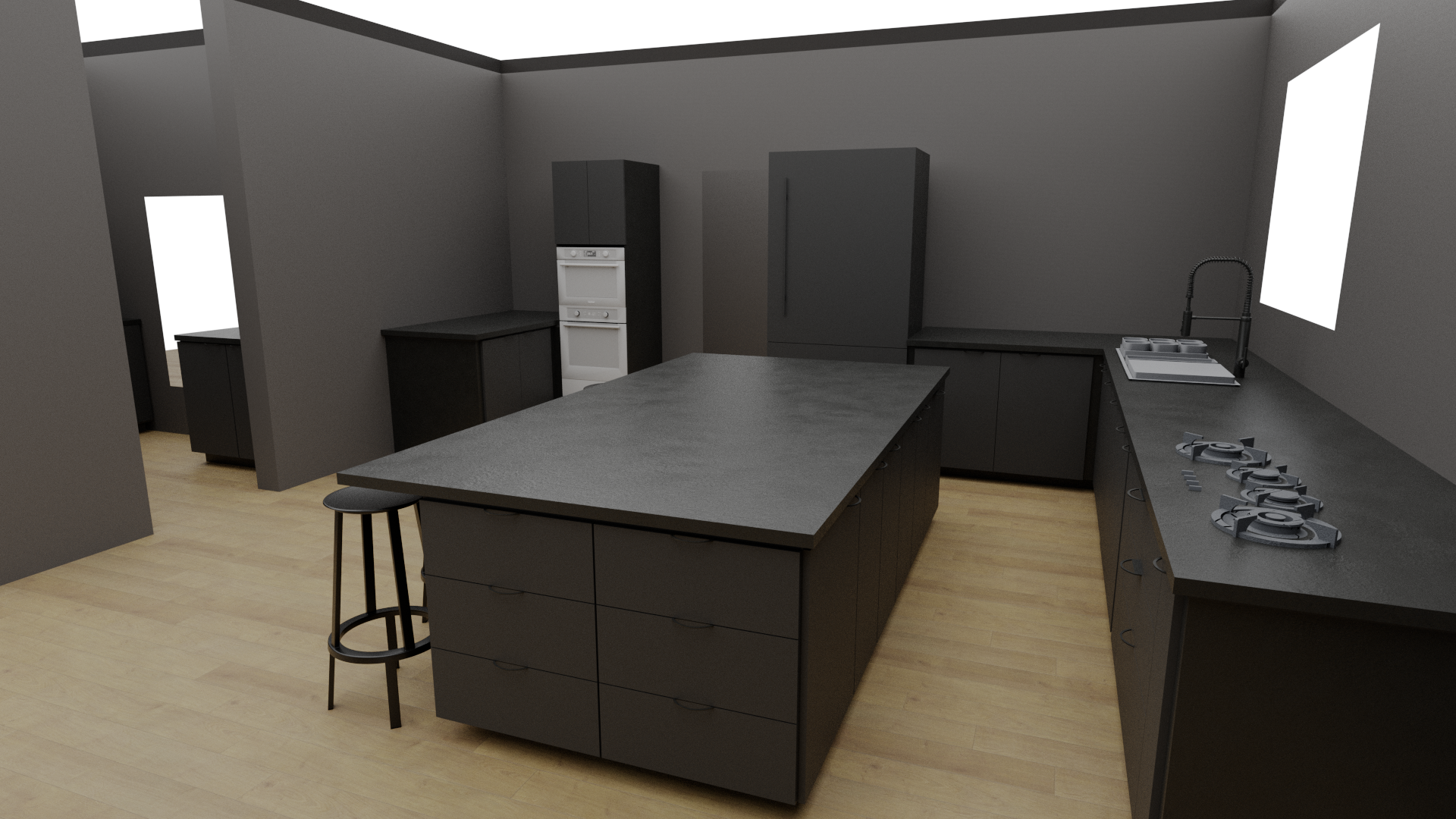 Modern kitchen with black cabinets, a large central island, a stove on the counter, and a window above the sink.