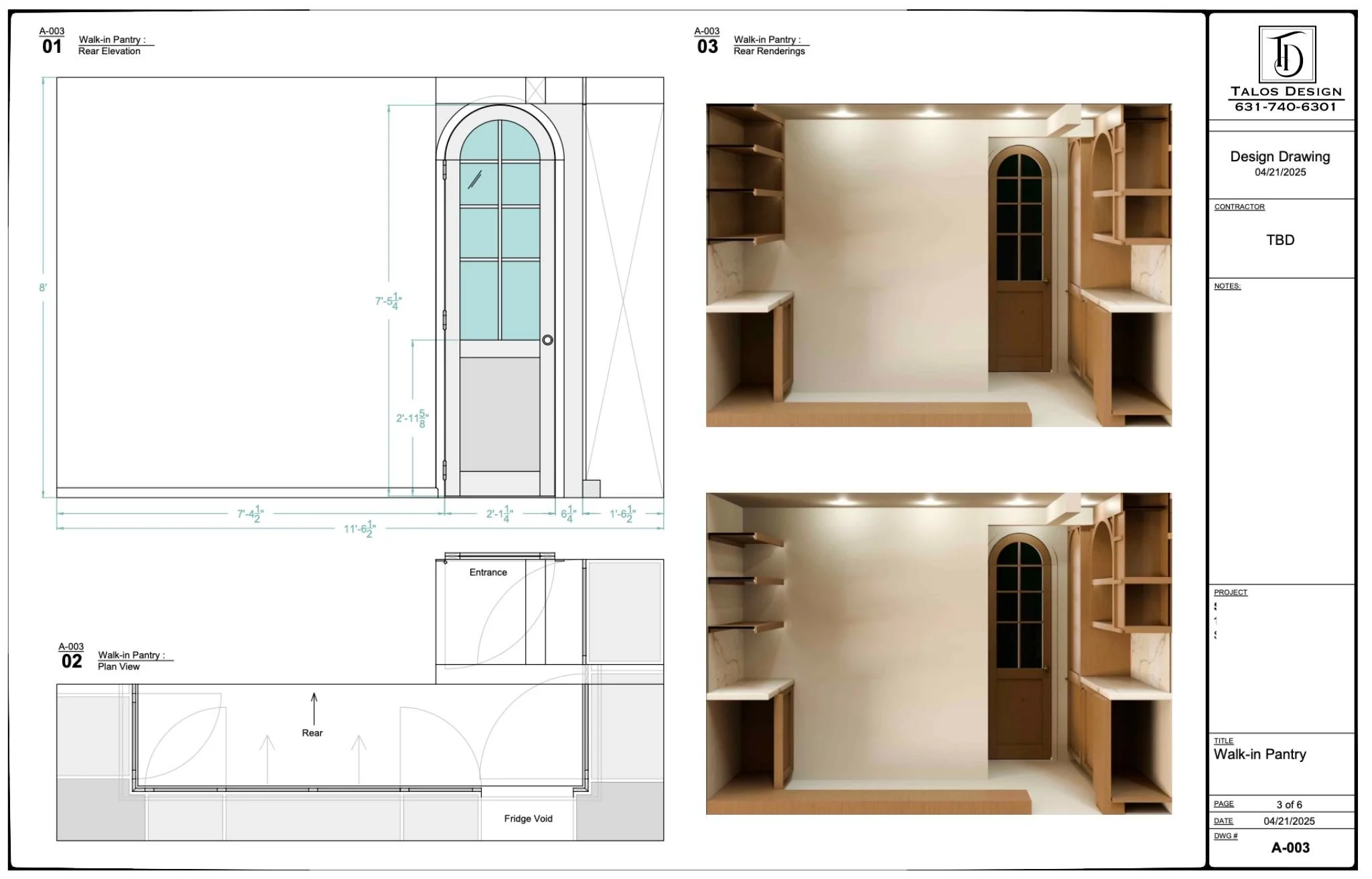 Design drawing and two photos of a walk-in pantry with wooden shelving, countertops, and a door with a window, showing rear elevation and plan view.