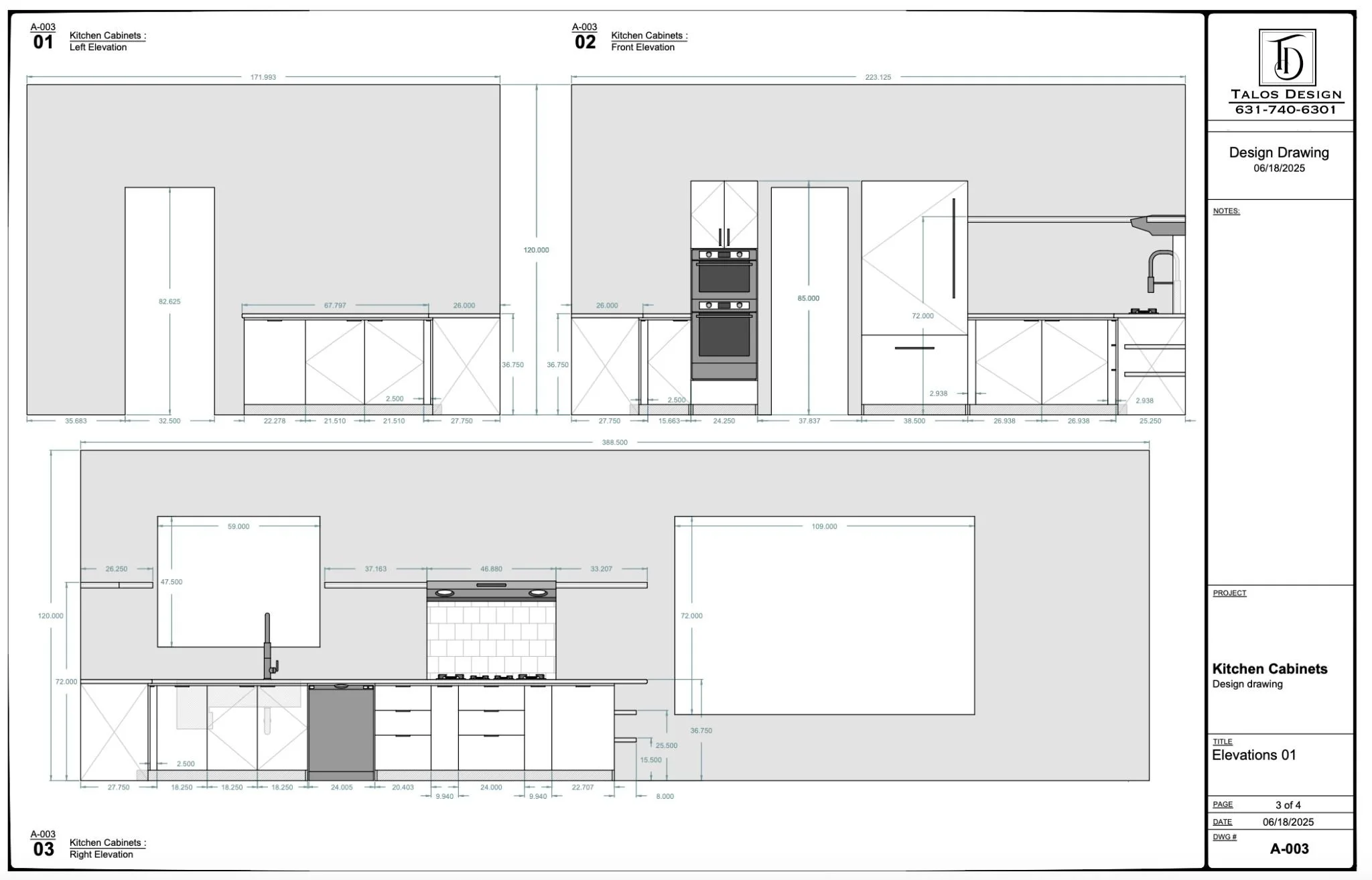 Architectural drawing of kitchen cabinets with front, left, and right elevations, including measurements for design purposes.