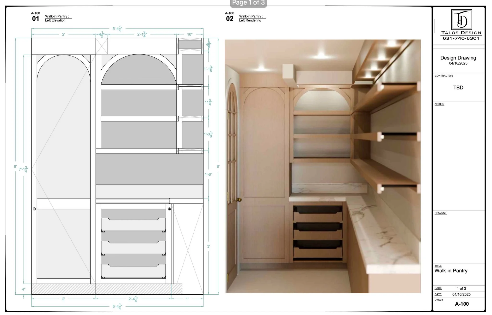 Design drawing and photo of a walk-in pantry with built-in shelves, drawers, and cabinetry, featuring arched panel details and marble countertop.