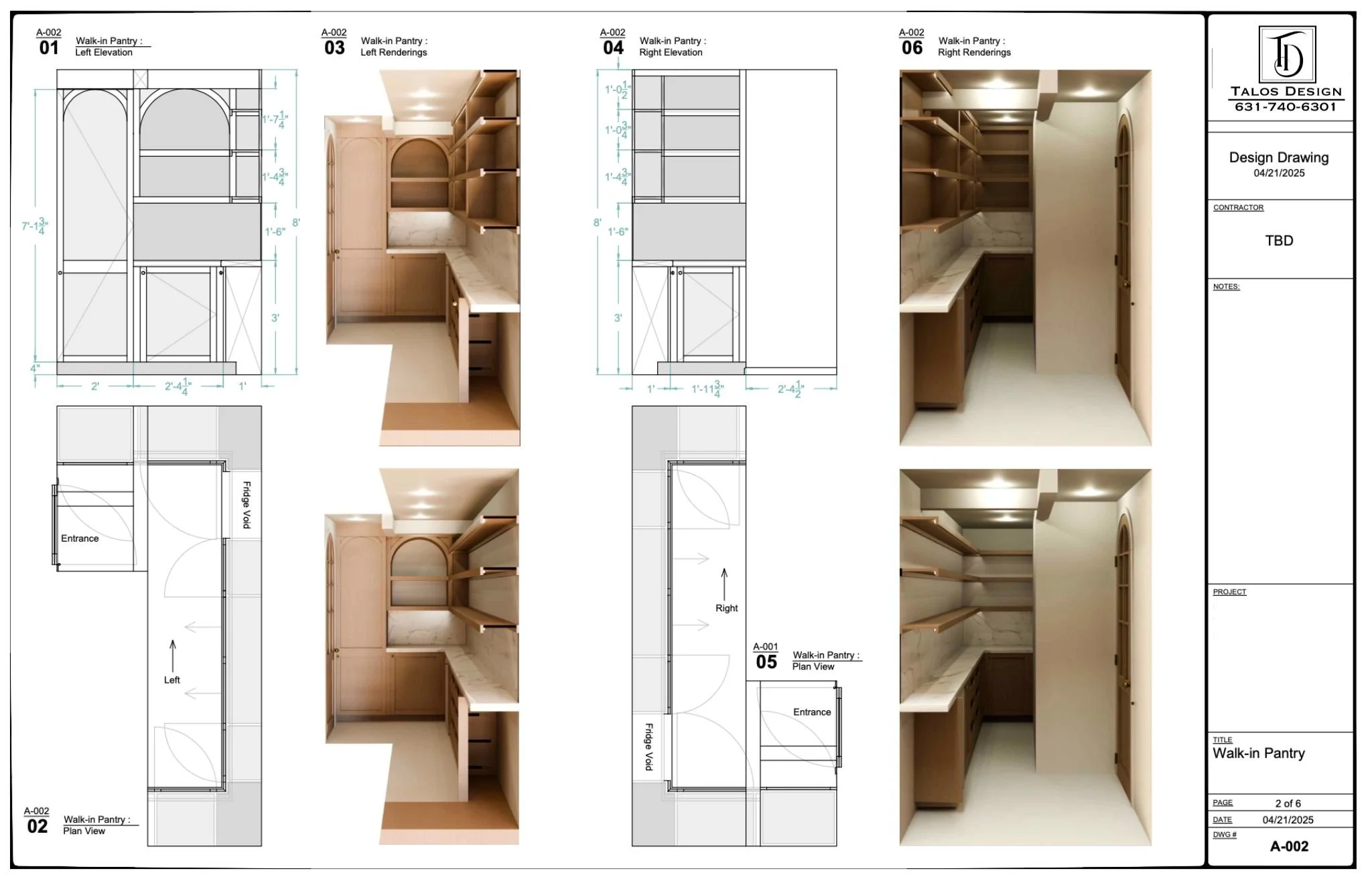 Design plan and photos of a walk-in pantry with shelves, cabinetry, and marble countertop. Includes dimensions, elevation views, and rendered images of the finished space.