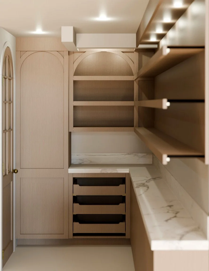 Empty built-in kitchen cabinets with open shelves and a marble countertop.