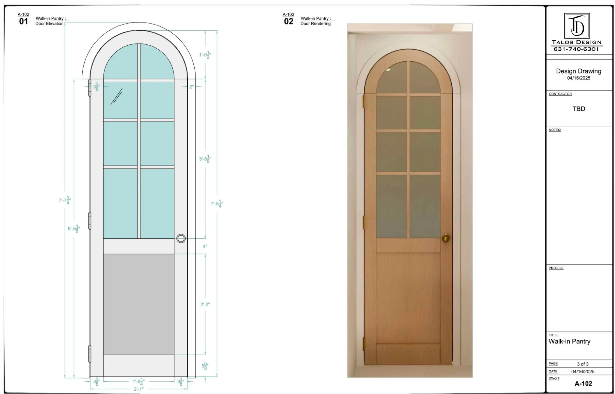 Design drawing and photograph of a wooden walk-in pantry door with four glass panels and an arched top.