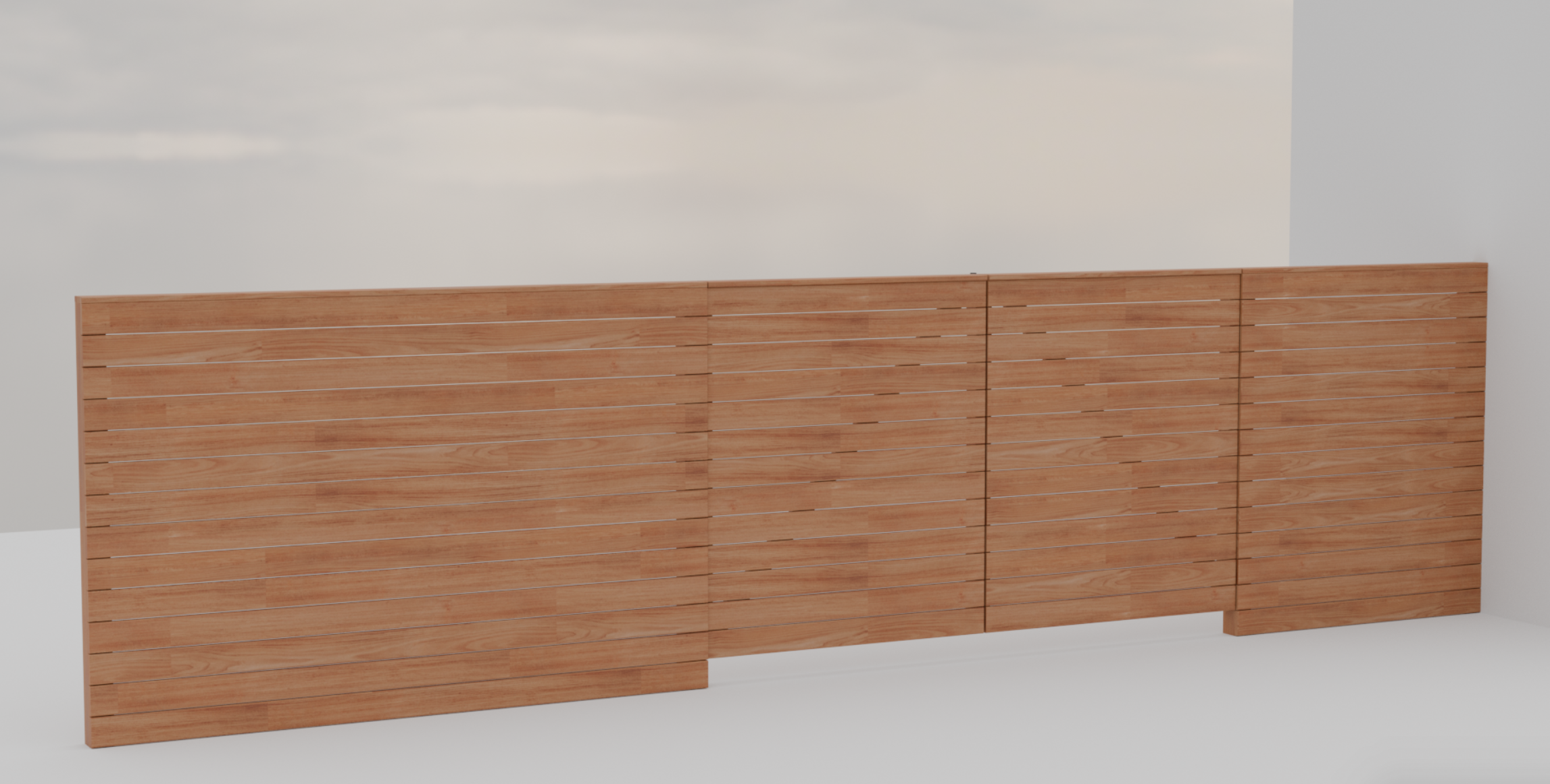 A wooden privacy fence with horizontal slats, standing against a light sky with some clouds.