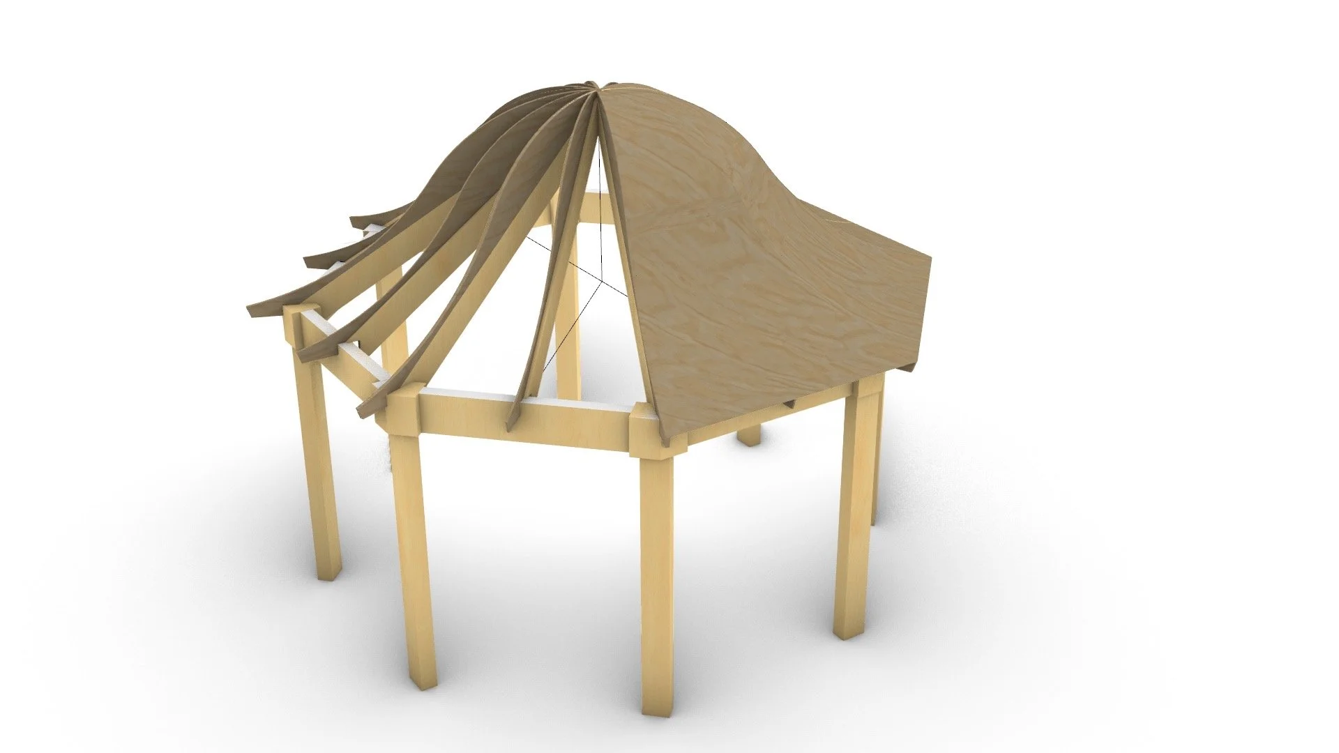 A wooden house frame under construction with roof rafters partially installed.