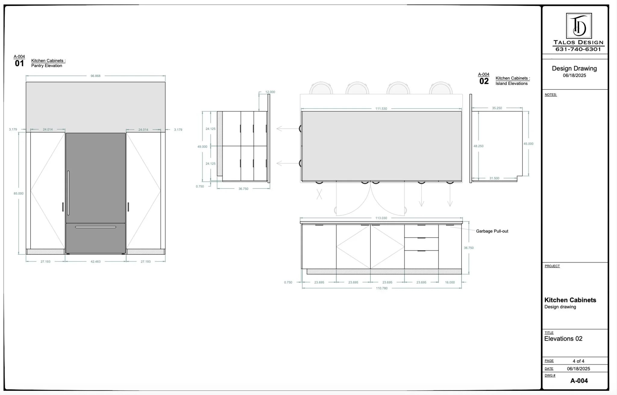 Technical drawing of kitchen cabinets including elevation, island, and pantry views with detailed measurements.