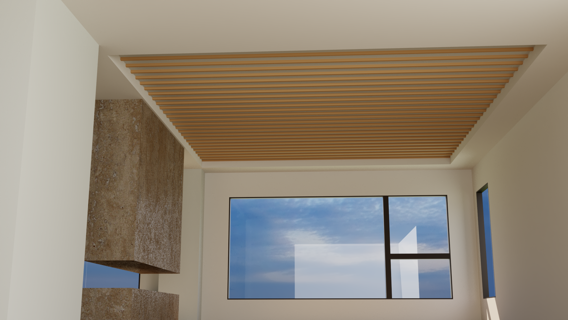 Interior view of a room with beige walls, a wooden slat ceiling, two large windows showing a blue sky with clouds, and a textured brown wall feature. Rendering.