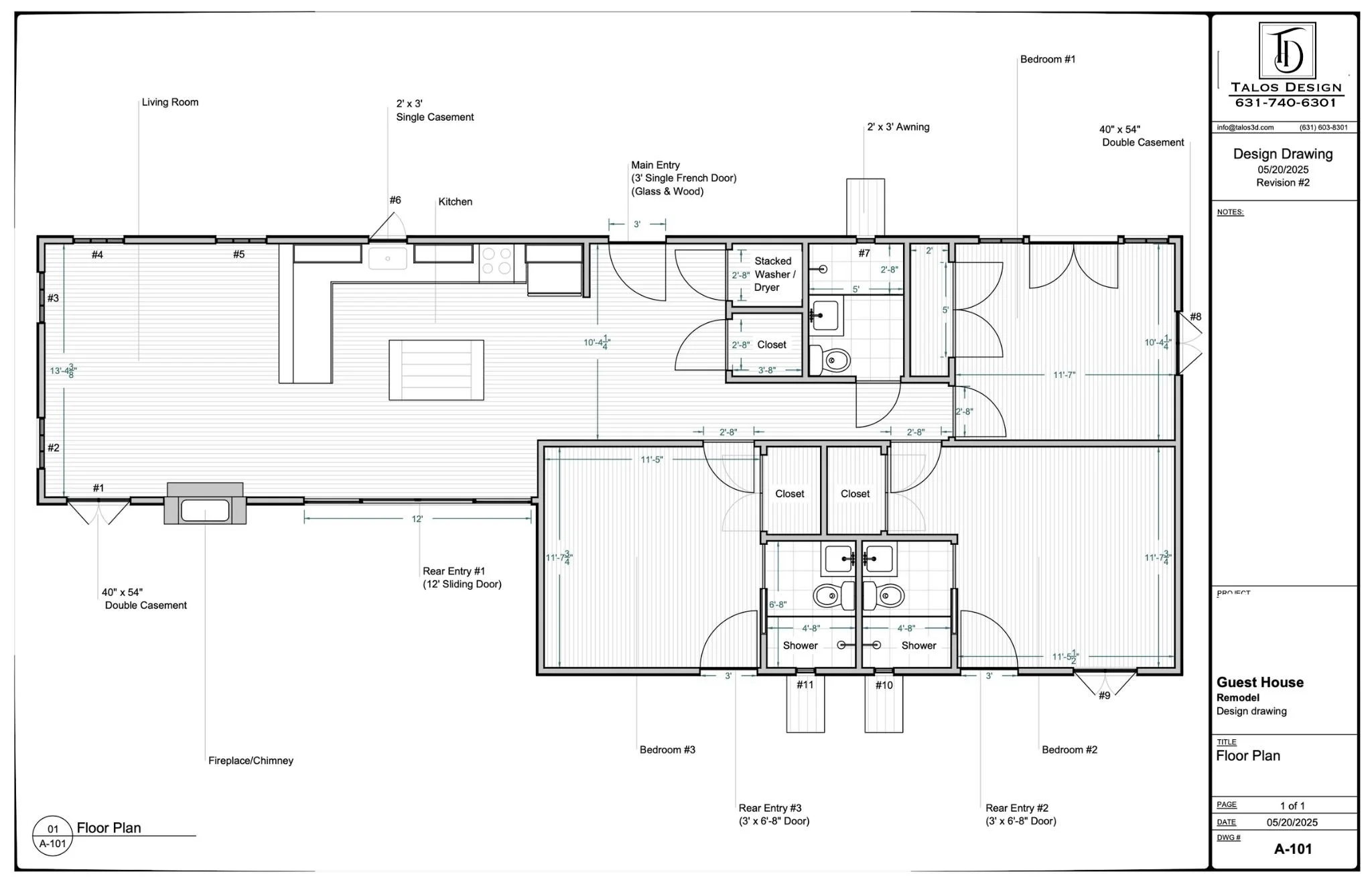 Architectural floor plan of a guest house showing rooms, doors, windows, and fixtures, including kitchens, bathrooms, bedrooms, and entry points.