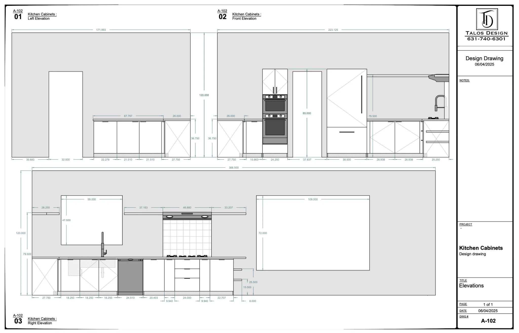 Architectural blueprint of kitchen cabinets, showing front, left, and right elevations with measurements and layout details.