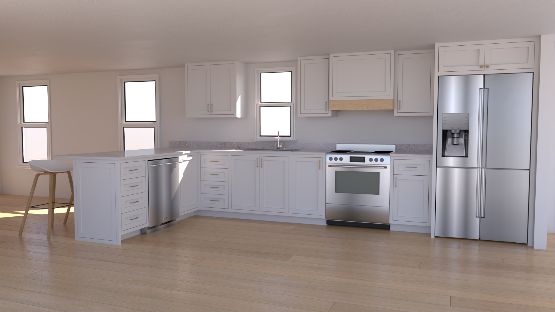 Modern kitchen with white cabinets, stainless steel refrigerator, oven, and dishwasher, light wood flooring, and three windows letting in natural light.