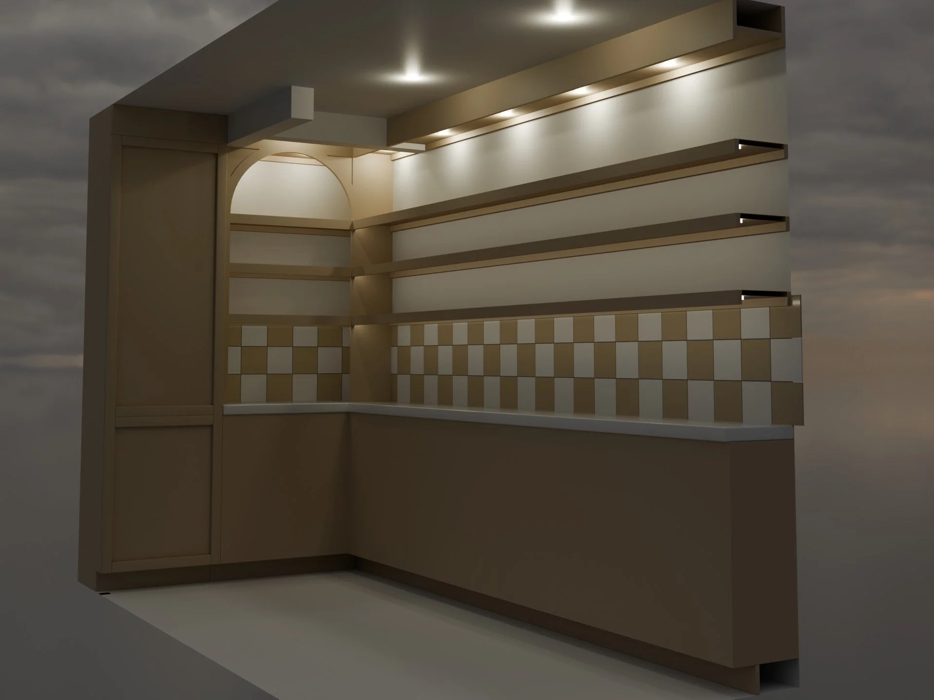Digital rendering of a modern, minimalist bakery or pastry shop counter with beige and white checkered tiles, open shelves, and subtle lighting, set against a cloudy sky background.