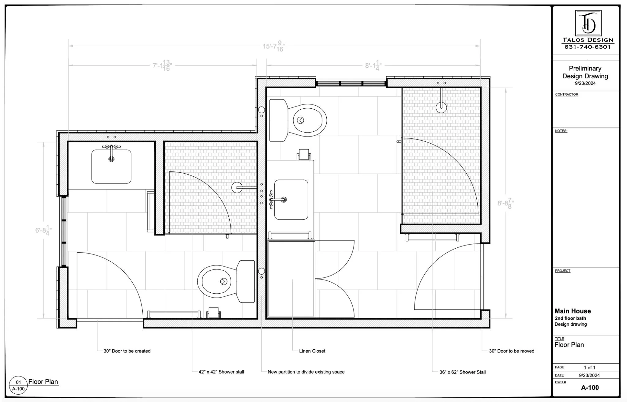 Architectural floor plan for a second-floor bathroom in a house, showing layout and dimensions of the fixtures and walls.