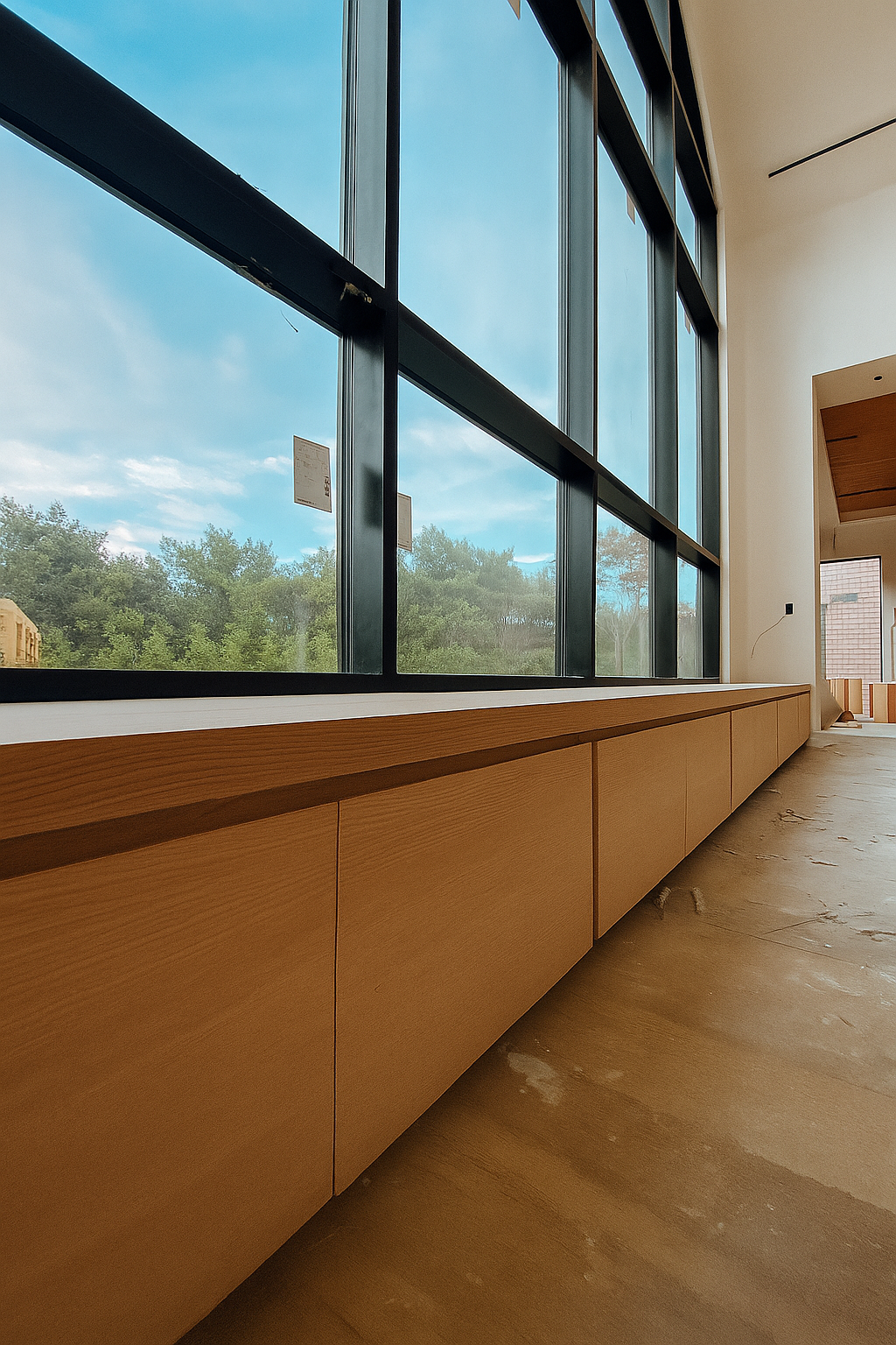 Interior of a room with large floor-to-ceiling windows, wooden built-in cabinets beneath the windows, and a view of trees outside. The room appears to be under construction or renovation. bench. cabinet renovation. woodwork.