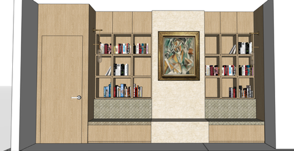 A modern built-in bookshelf and seating area with a painting in the center, located in a room with gray walls and a closed door on the left.