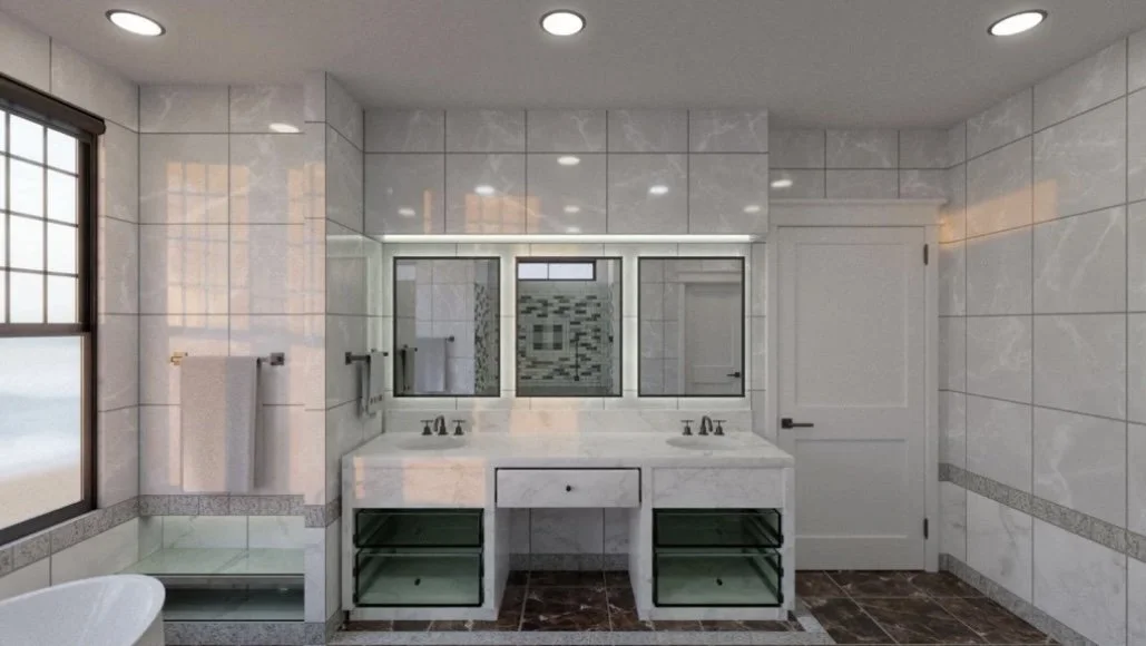 A modern bathroom with a double vanity, large mirror, tiled walls, and a window.